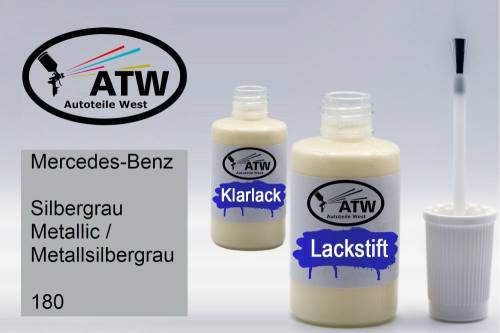 Mercedes-Benz, Silbergrau Metallic / Metallsilbergrau, 180: 20ml Lackstift + 20ml Klarlack - Set, von ATW Autoteile West.